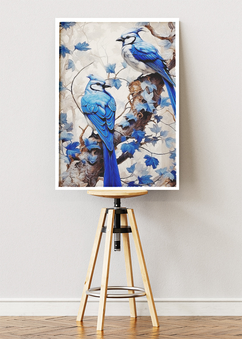 Blue Jay Bird Wall Art Print & Canvas – Elegant Woodland Bird Artwork