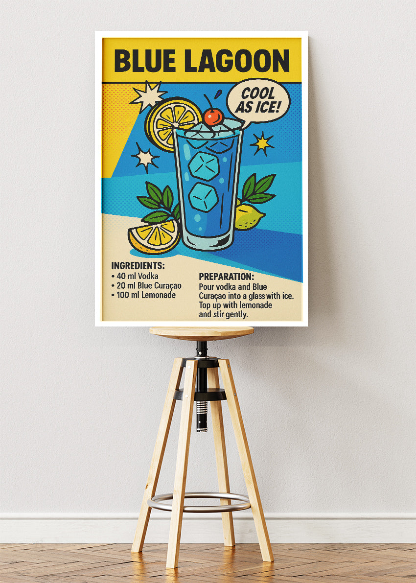 Blue Lagoon Pop Art Cocktail Poster & Canvas Print | Cool As Ice Retro Bar Wall Art
