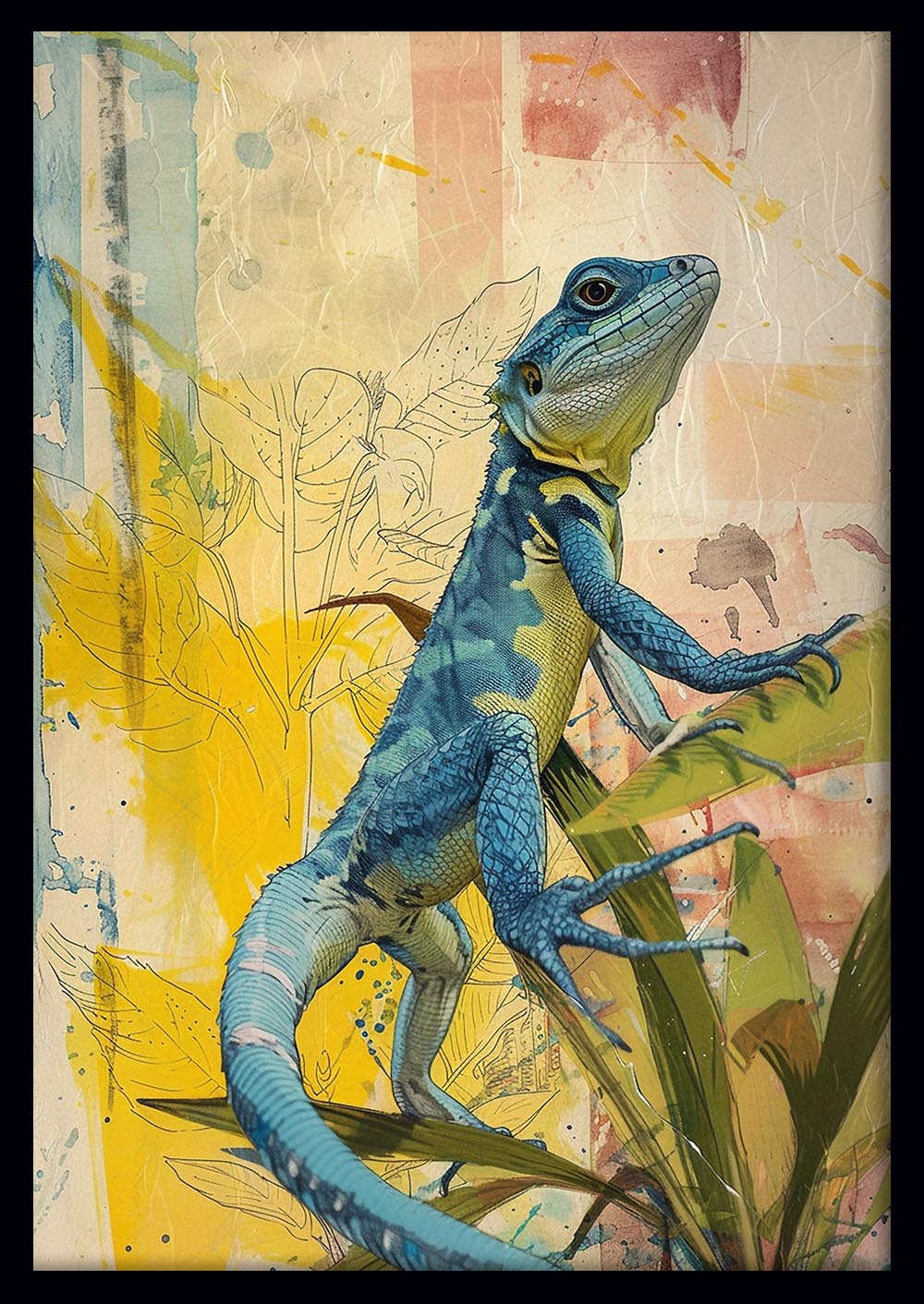 Blue Lizard in Botanical Scene – Colorful Reptile Poster & Canvas Wall Art – T1134 – AiPrintLab