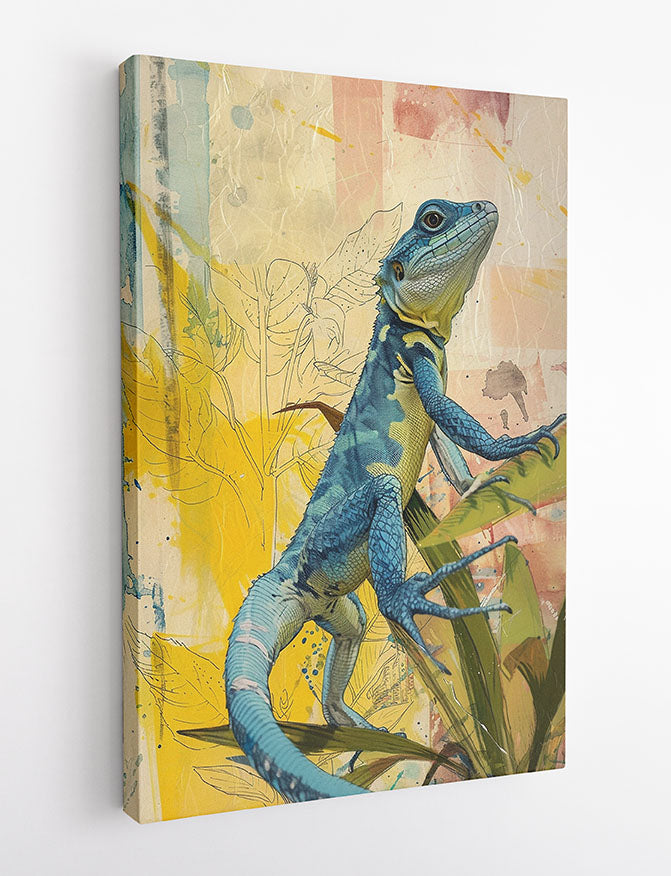 Blue Lizard in Botanical Scene – Colorful Reptile Poster & Canvas Wall Art – T1134 – AiPrintLab