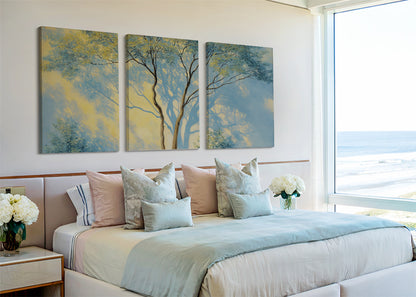 Blue Mist Forest Canvas Wall Art – Soft Nature Landscape Painting – Single & 3 Panel Canvas – AI PRINT LAB