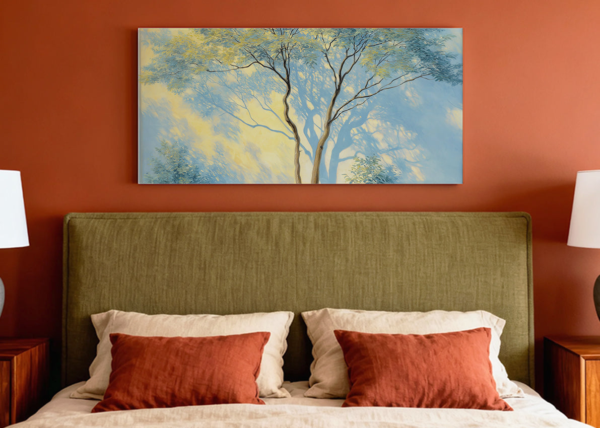 Blue Mist Forest Canvas Wall Art – Soft Nature Landscape Painting – Single & 3 Panel Canvas – AI PRINT LAB