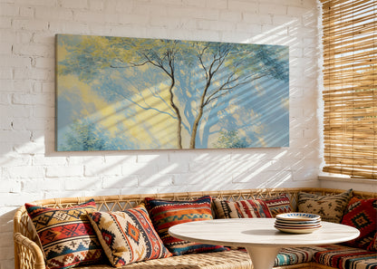 Blue Mist Forest Canvas Wall Art – Soft Nature Landscape Painting – Single & 3 Panel Canvas – AI PRINT LAB