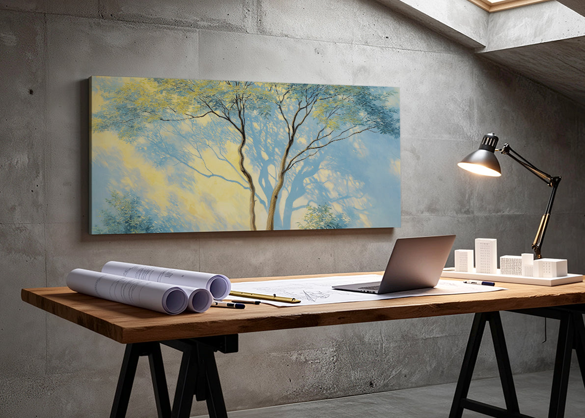 Blue Mist Forest Canvas Wall Art – Soft Nature Landscape Painting – Single & 3 Panel Canvas – AI PRINT LAB