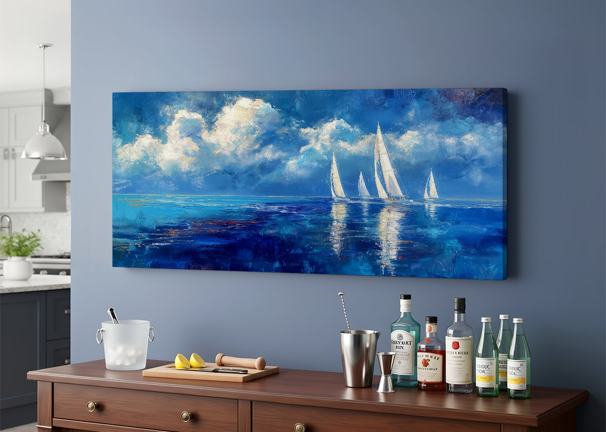 Blue Sailboats Ocean Abstract Canvas Wall Art – Single & 3 Panel Split – AI PRINT LAB