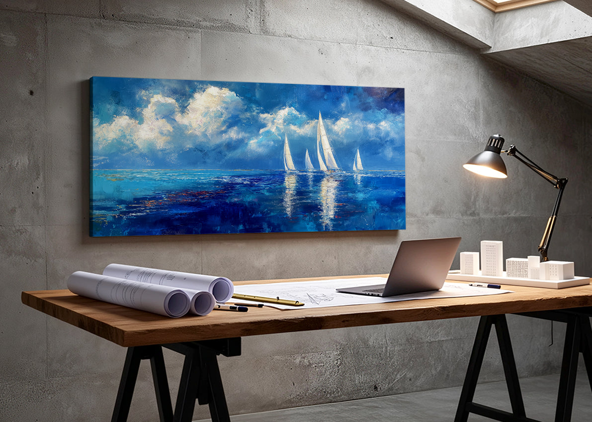 Blue Sailboats Ocean Abstract Canvas Wall Art – Single & 3 Panel Split – AI PRINT LAB