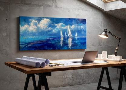 Blue Sailboats Ocean Abstract Canvas Wall Art – Single & 3 Panel Split – AI PRINT LAB