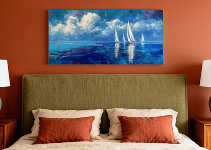 Blue Sailboats Ocean Abstract Canvas Wall Art – Single & 3 Panel Split – AI PRINT LAB