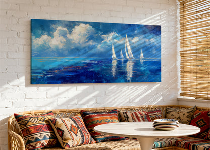 Blue Sailboats Ocean Abstract Canvas Wall Art – Single & 3 Panel Split – AI PRINT LAB