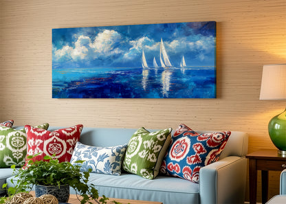 Blue Sailboats Ocean Abstract Canvas Wall Art – Single & 3 Panel Split – AI PRINT LAB