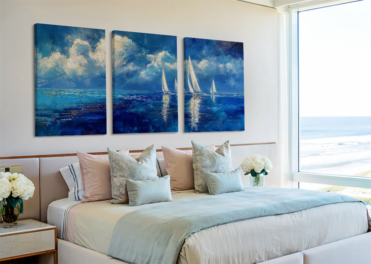 Blue Sailboats Ocean Abstract Canvas Wall Art – Single & 3 Panel Split – AI PRINT LAB