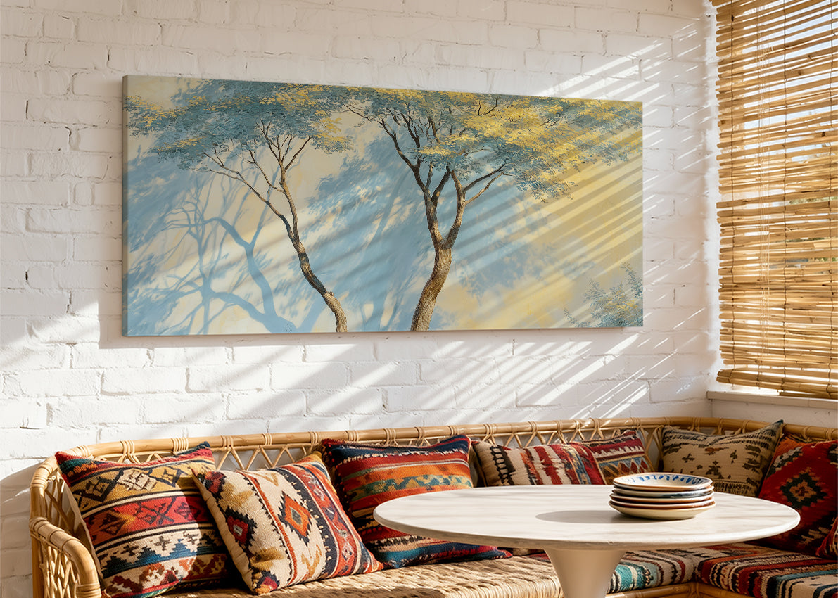 Blue Shadow Trees Canvas Wall Art – Minimal Nature Landscape Painting – Single & 3 Panel Canvas – AI PRINT LAB
