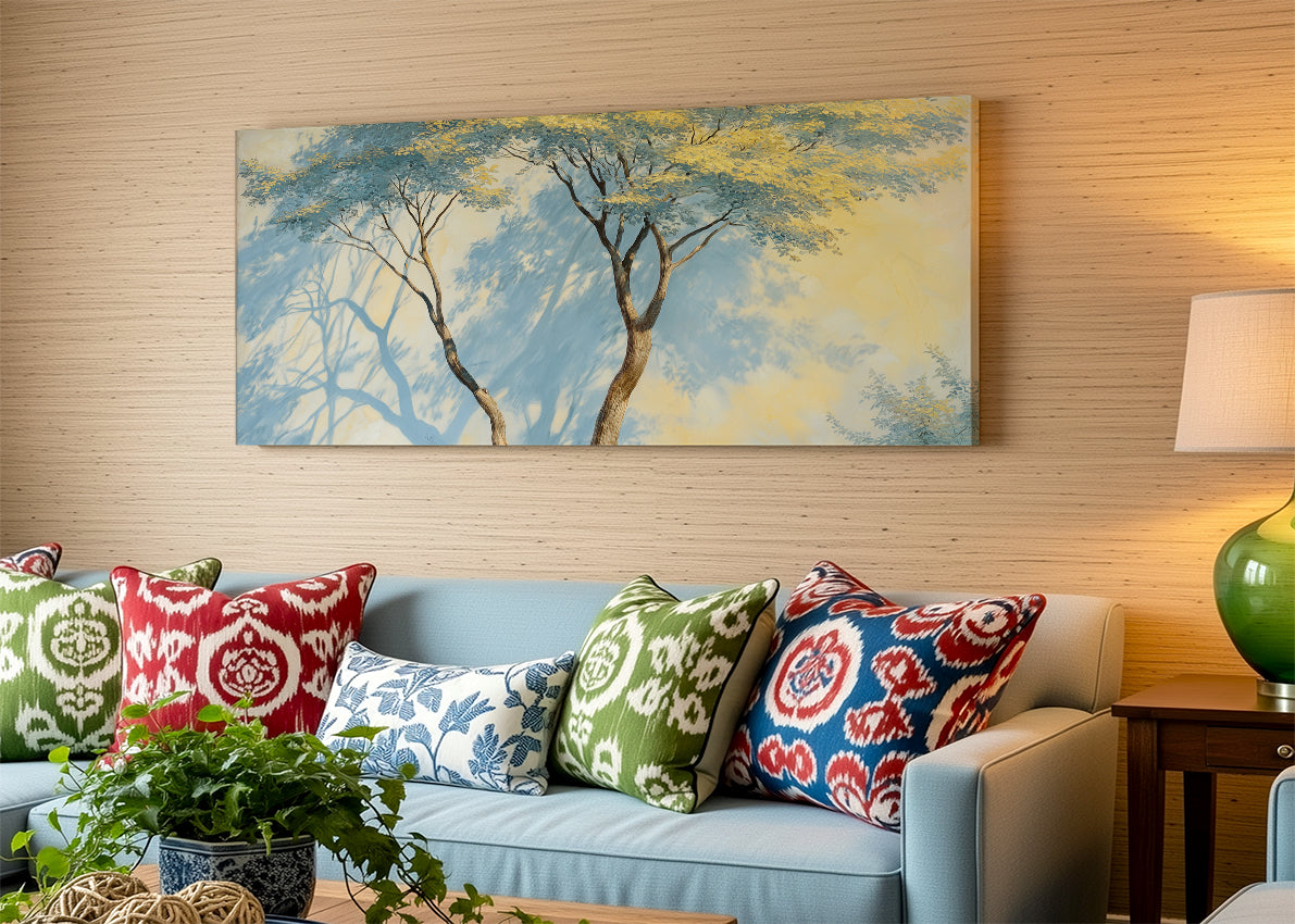 Blue Shadow Trees Canvas Wall Art – Minimal Nature Landscape Painting – Single & 3 Panel Canvas – AI PRINT LAB