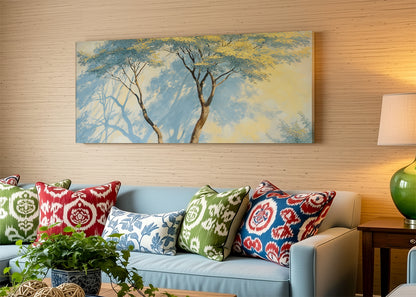 Blue Shadow Trees Canvas Wall Art – Minimal Nature Landscape Painting – Single & 3 Panel Canvas – AI PRINT LAB
