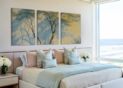 Blue Shadow Trees Canvas Wall Art – Minimal Nature Landscape Painting – Single & 3 Panel Canvas – AI PRINT LAB