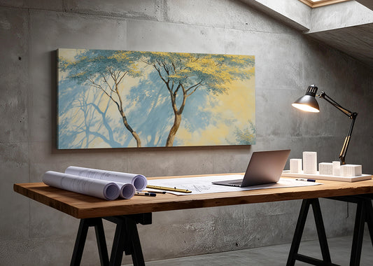 Blue Shadow Trees Canvas Wall Art – Minimal Nature Landscape Painting – Single & 3 Panel Canvas – AI PRINT LAB
