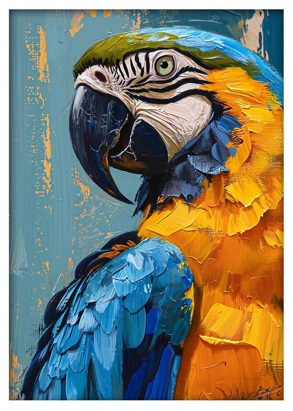 Blue and Gold Macaw Parrot Wall Art – Textured Oil Painting Style – T840 – AiPrintLab