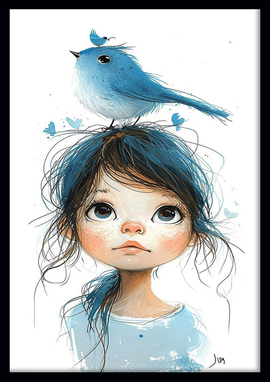 Bluebird Girl Whimsical Illustration Canvas Print & Poster – T611 – AiPrintLab