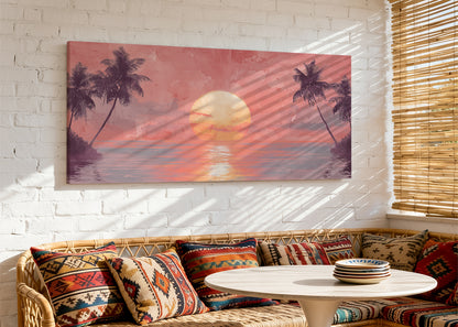 Blush Horizon Palm Sunset Canvas Wall Art – Single & 3 Panel Split – AI PRINT LAB