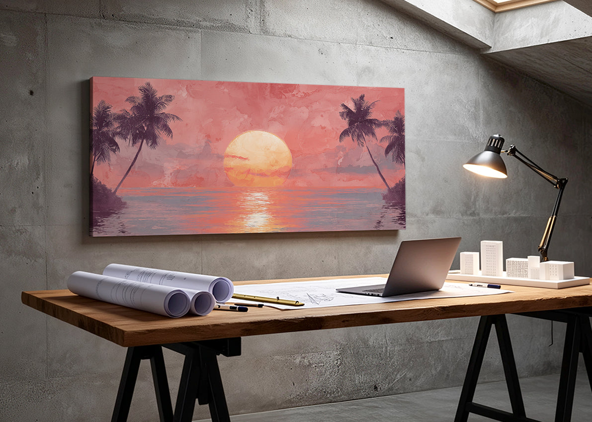 Blush Horizon Palm Sunset Canvas Wall Art – Single & 3 Panel Split – AI PRINT LAB