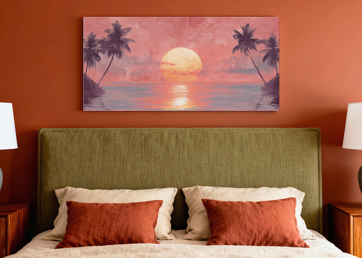 Blush Horizon Palm Sunset Canvas Wall Art – Single & 3 Panel Split – AI PRINT LAB