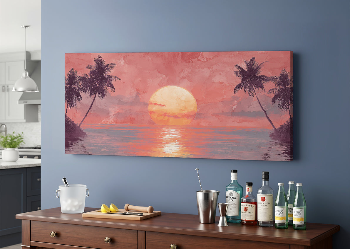 Blush Horizon Palm Sunset Canvas Wall Art – Single & 3 Panel Split – AI PRINT LAB