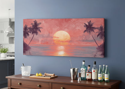 Blush Horizon Palm Sunset Canvas Wall Art – Single & 3 Panel Split – AI PRINT LAB