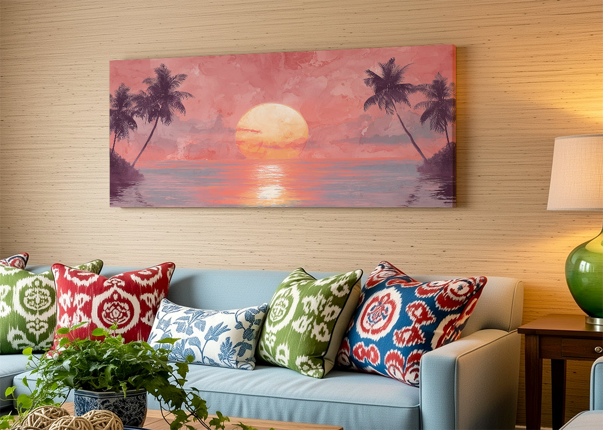 Blush Horizon Palm Sunset Canvas Wall Art – Single & 3 Panel Split – AI PRINT LAB