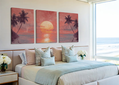Blush Horizon Palm Sunset Canvas Wall Art – Single & 3 Panel Split – AI PRINT LAB