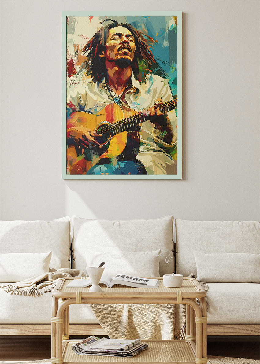 Bob Marley Acoustic Guitar Wall Art Poster & Canvas Print – Reggae Legend Colourful Portrait