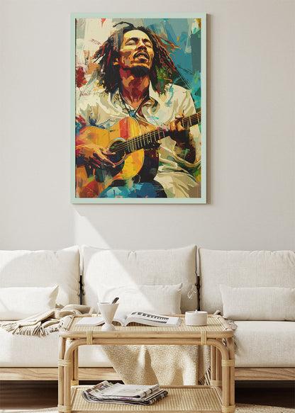 Bob Marley Acoustic Guitar Wall Art Poster & Canvas Print – Reggae Legend Colourful Portrait