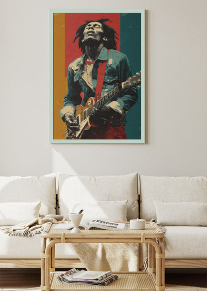 Bob Marley Inspired Vintage Guitar Portrait Wall Art Poster & Canvas Print