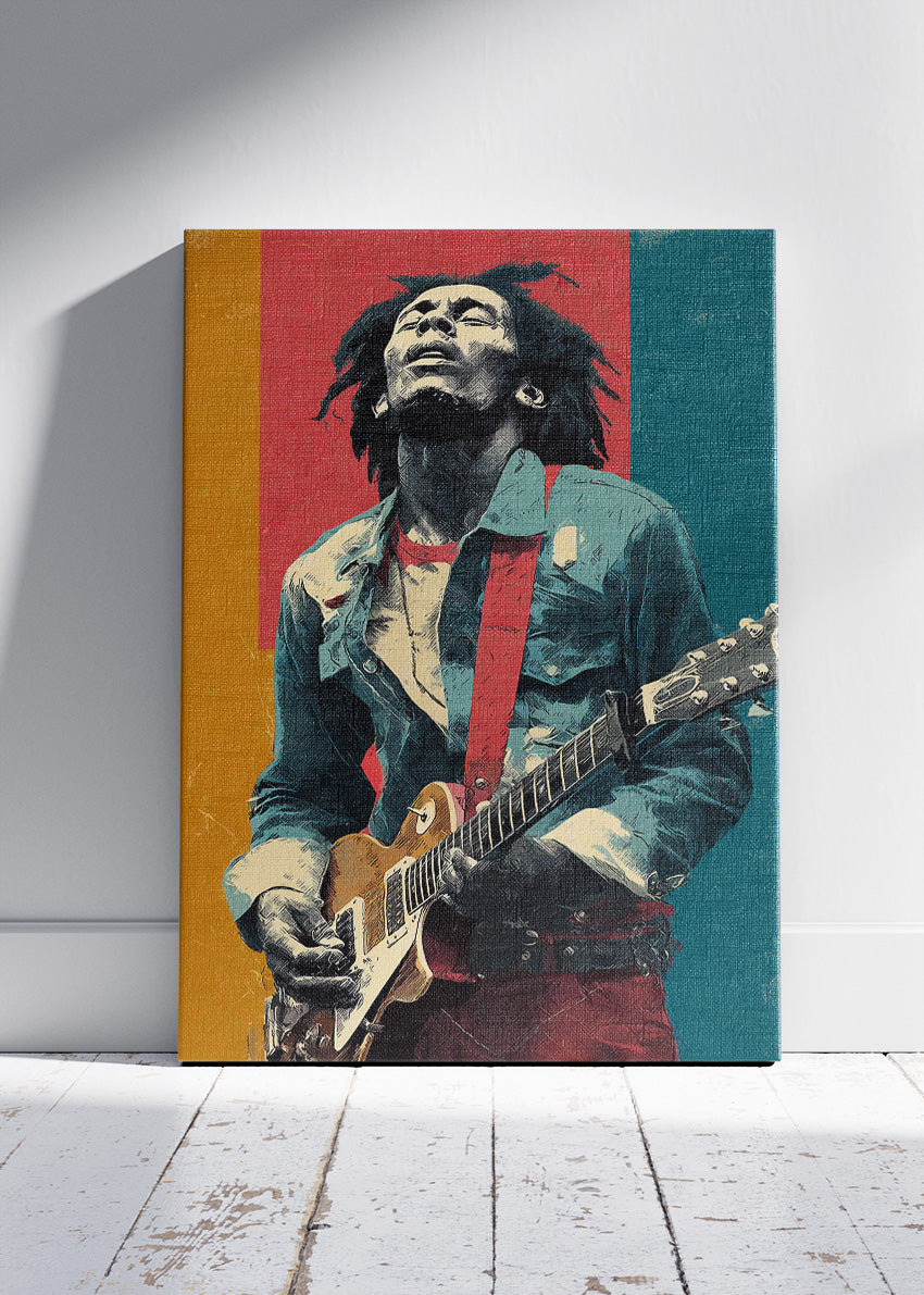Bob Marley Inspired Vintage Guitar Portrait Wall Art Poster & Canvas Print