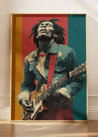 Bob Marley Inspired Vintage Guitar Portrait Wall Art Poster & Canvas Print