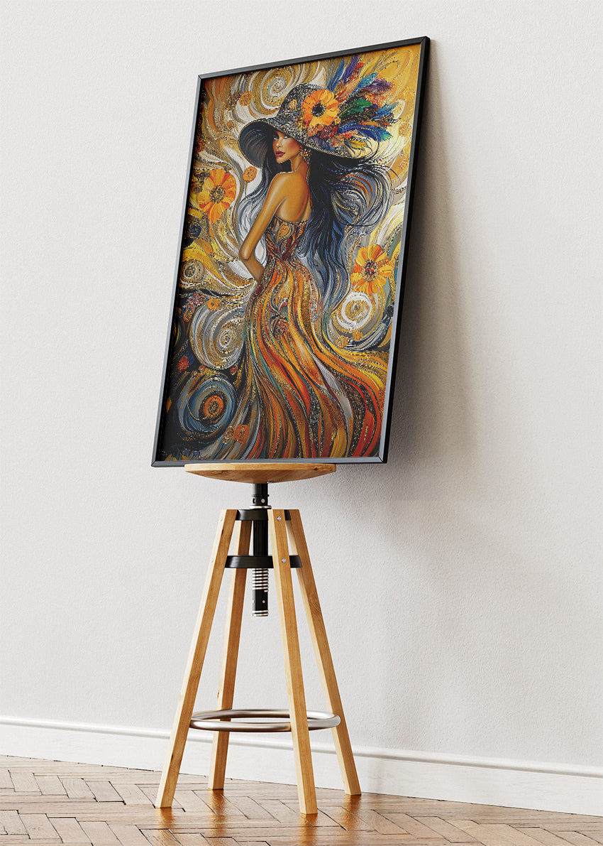 Bohemian Woman Wall Art Print – Golden Abstract Portrait Canvas & Modern Statement Poster for Living Room Decor UK
