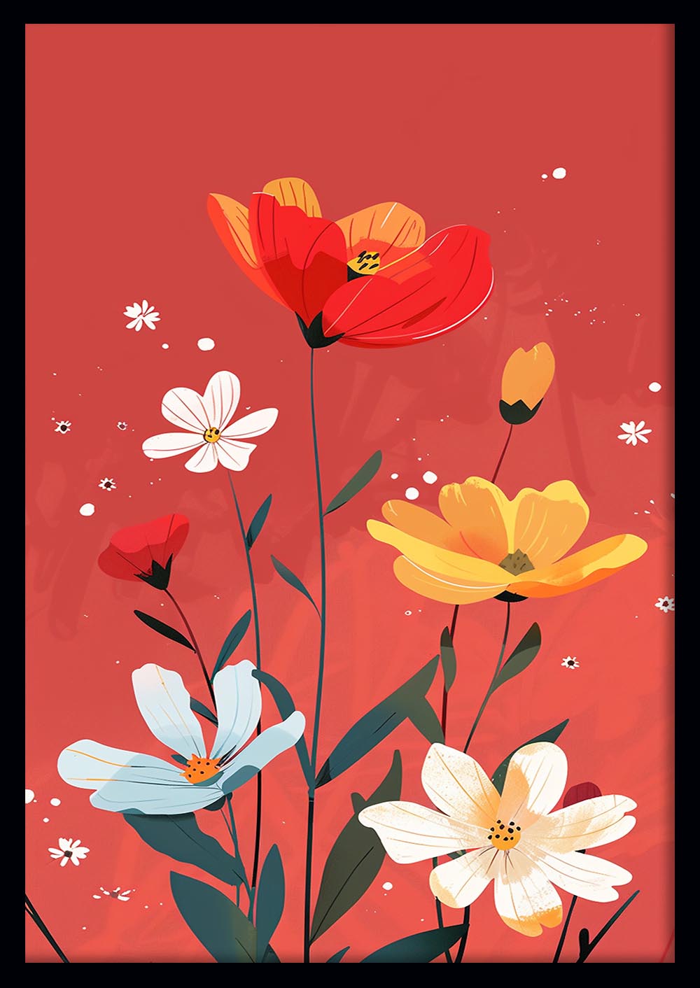 Bold Red Floral Illustration Print – Colorful Modern Flower Canvas & Poster Art – T1190 – AiPrintLab