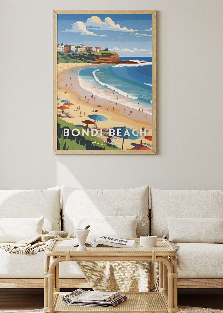 Bondi Beach Australia Travel Poster & Canvas Wall Art – Coastal Sydney Beach Print