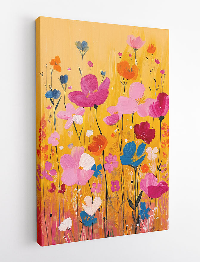 Bright Wildflowers on Yellow Background – Colorful Floral Canvas Print & Poster Art – T1011 – AiPrintLab