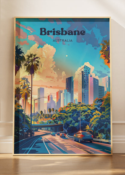 Brisbane Australia Travel Poster & Canvas Wall Art – City Skyline Sunset Print