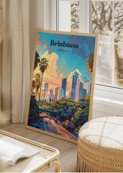 Brisbane Australia Travel Poster & Canvas Wall Art – City Skyline Sunset Print