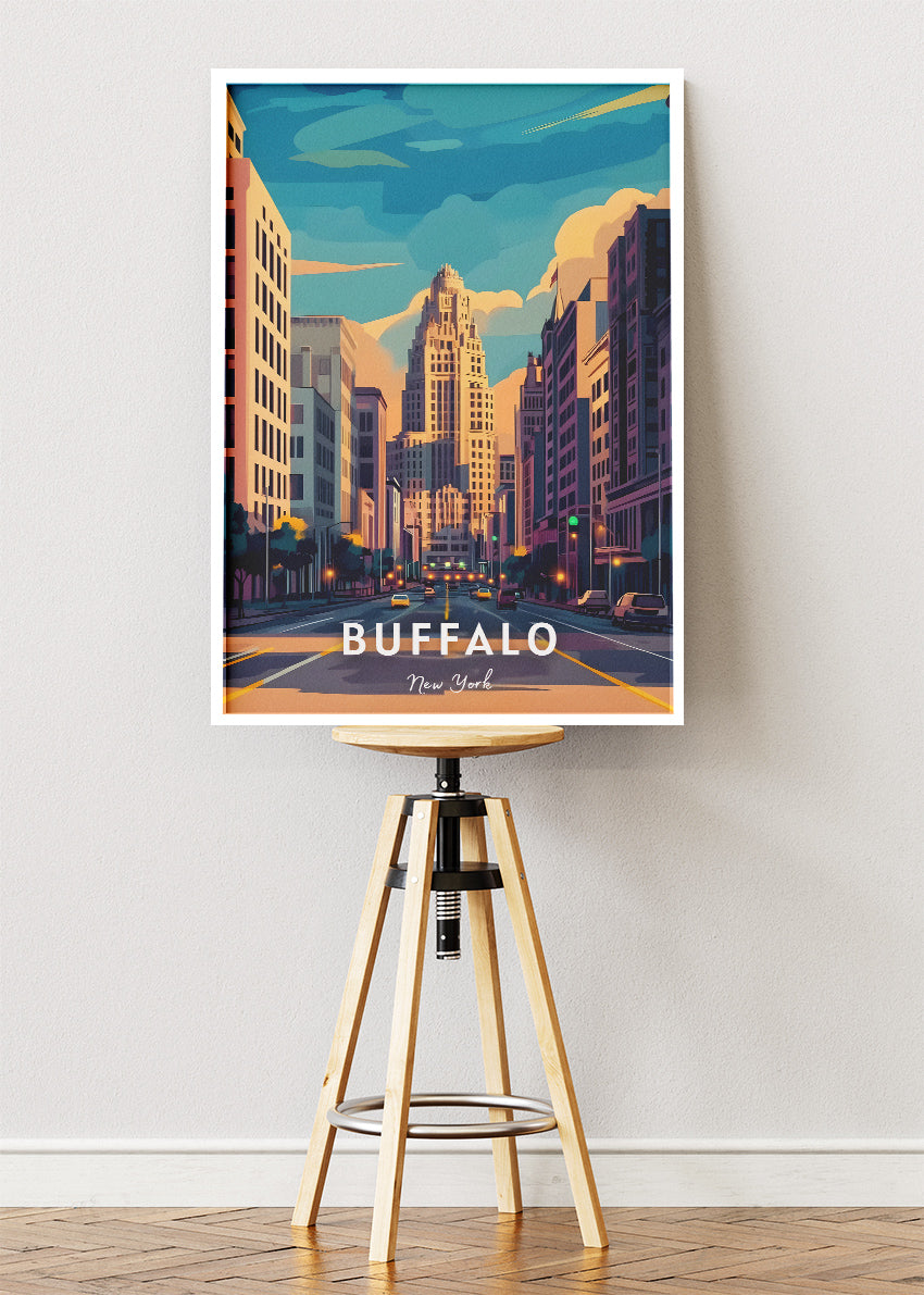 Buffalo New York Poster & Canvas Print – Retro Downtown Cityscape Illustration