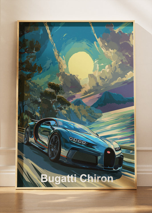 Bugatti Chiron Sunrise Drive Art Poster & Canvas Print – Luxury Supercar Wall Art