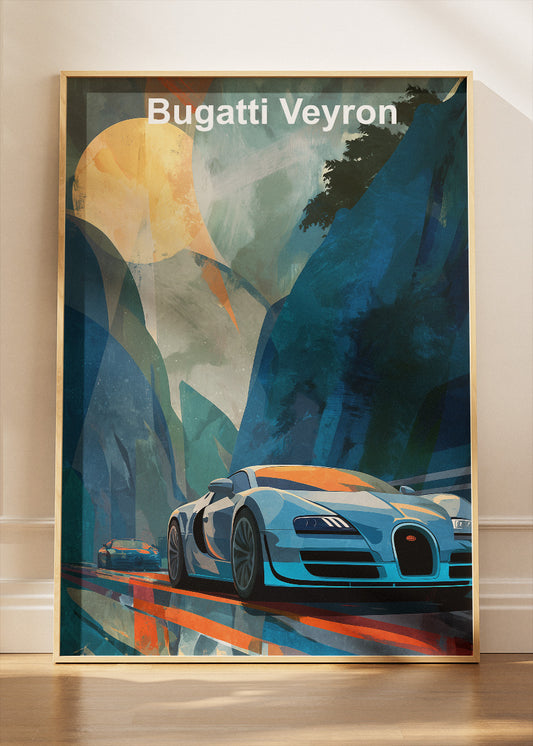 Bugatti Veyron Mountain Dawn Art Poster & Canvas Print – Cinematic Hypercar Wall Art