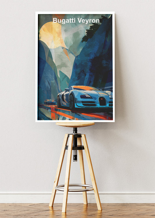 Bugatti Veyron Mountain Dawn Art Poster & Canvas Print – Cinematic Hypercar Wall Art