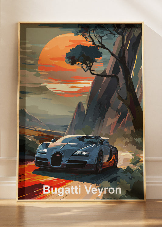 Bugatti Veyron Sunset Cliff Drive Art Poster & Canvas Print – Cinematic Hypercar Wall Art