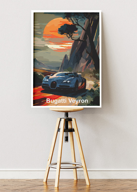 Bugatti Veyron Sunset Cliff Drive Art Poster & Canvas Print – Cinematic Hypercar Wall Art