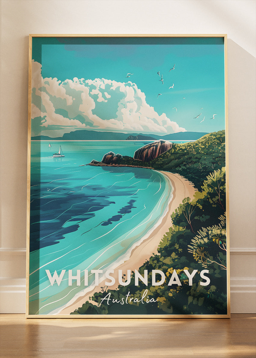 Whitsundays Australia Travel Poster & Canvas Wall Art – Tropical Coastal Beach Print