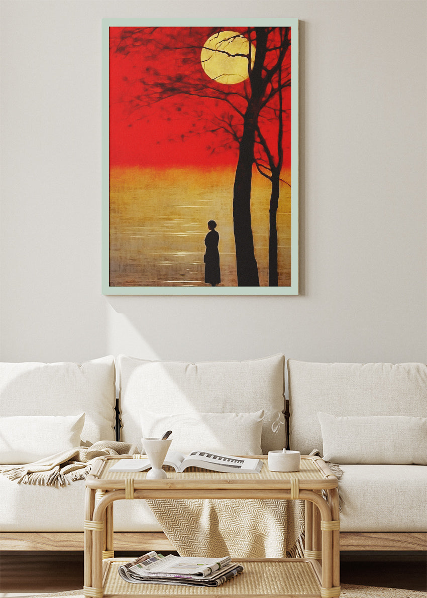 Crimson Moon Silence – Dramatic Sunset Silhouette Canvas & Poster Print – AI PRINT LAB