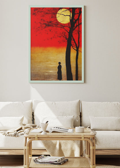 Crimson Moon Silence – Dramatic Sunset Silhouette Canvas & Poster Print – AI PRINT LAB