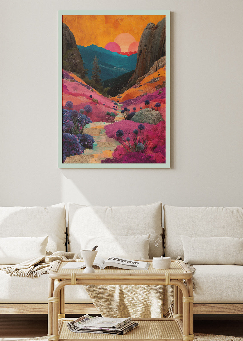 Vivid Canyon Bloom – Surreal Sunset Valley Canvas & Poster Print – AI PRINT LAB